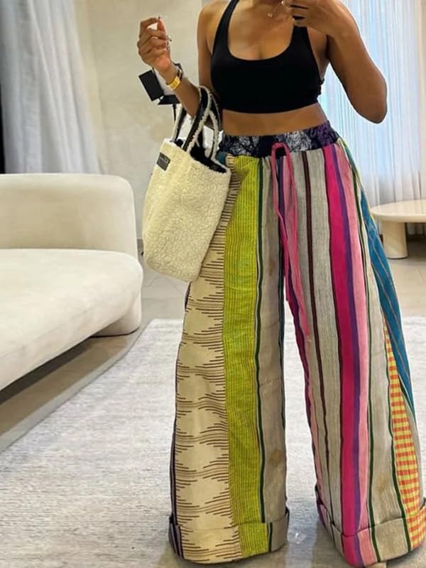UOOZEE Women's Boho Patchwork Wide Leg Pants Colorful High Waisted Drawstring Palazzo Trousers Summer Beach Lounge Pants2