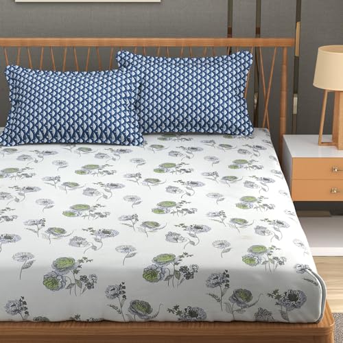 FRESH FROM LOOM Floral XXL Microfiber Soft Cotton Bedsheet King Size | 240 TC King Size Soft Bed Cover with 2 Pillow Cover | Hypoallergenic Bedsheet Double Bed | Anti Fade (108x108 inches, White-Grey)