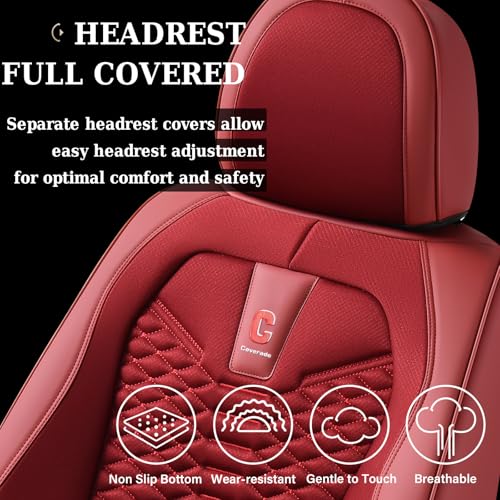 Image of Coverado Car Seat Covers Full Set, Red Seat Covers for Cars 5 Seats, Breathable Fabric& Faux Leather Car Seat Cushions, Front and Rear Car Seat Protectors, Universal Seat Covers Fit for Most Vehicles