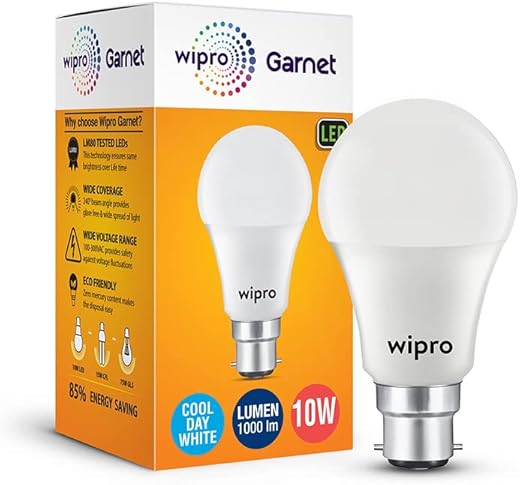 wipro Garnet 10W LED Bulb for Home & Office |Cool Day White (6500K) | B22 Base|220 degree Light coverage |4Kv Surge Protection |400V High Voltage...