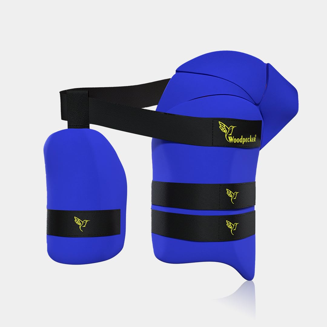 Woodpecker Premium Cricket Thigh Guard with Extra Removable Sweat Pads | High-Density Impact Protection | Breathable & Comfortable Fit | (Blue & Orange) 3 Belts Thigh Guard Small Lefty-image-44