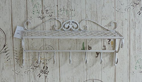 Euronovità EN-222234 Mensola con 7 Appendini Stile Shabby in Ferro Battuto colore Panna. H 24 X 50 X 20 Cm