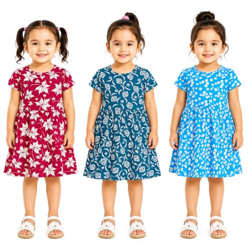 Image of Kids 3 Combo Cotton Frock for Girls | Multicolour Knitted Summer Dress | Below Knee Baby Girl Dress with Round Neck & Cup Sleeves (Random Colours)