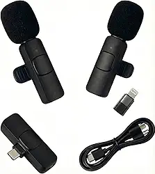Kit Microfone de Lapela Duplo Sem Fio Universal para Celular iPhone (Lightning) e Android (USB-C), Profissional com Redução de Ruído, Plug and Play para Vlog, Entrevista e Live, Alcance 20m