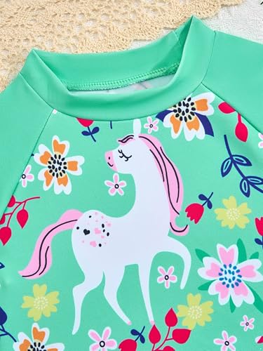 Choomomo Kids Girls 2-Piece Swimsuit Rash Guard Set Long Sleeve Horse Floral Printed Athletic Swimwear Set4
