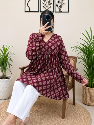 Image of Women's V Neck Short Kurti for Women | Floral Printed Cotton Blend Kurti | Full Sleeve Flared Tunic Top | Casual Ethnic Kurta Top for Women | Stylish Kurti with Jeans