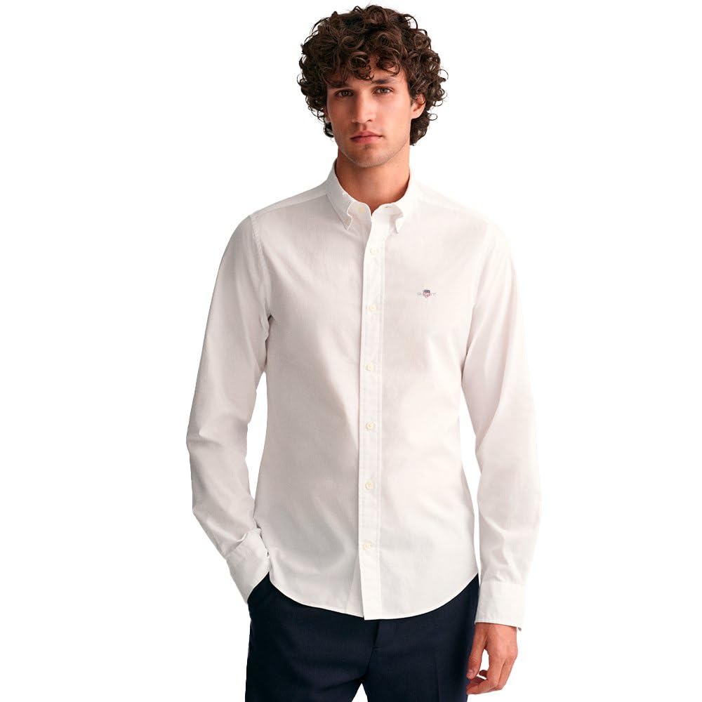 Gant Slim Poplin Shirt Camisa Ajuste Suave, White, M Para Hombre-image