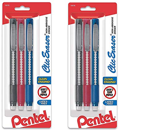 Pentel Clic Eraser Grip Retractable Eraser with Grip, Assorted Barrels, 3 Pack of Clic Erasers (ZE21BP3M) (3 Pack) (6 Pack)