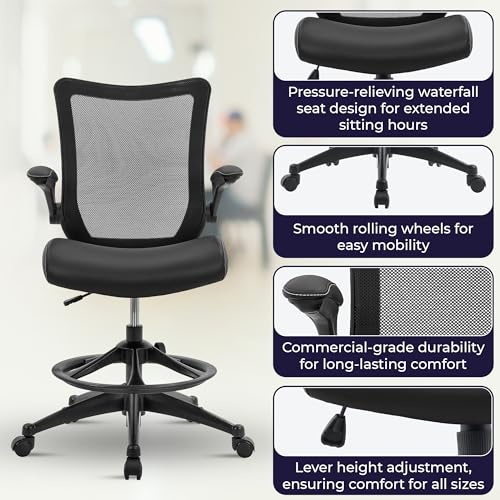 Image of OfficeFactor Drafting Chair Tall Office Chair, 300 lb Capacity Standing Desk Chair, Adjustable & Ergonomic Desk Chair, Flip-Up Armrests, Mesh Back, Comfortable Leather (Black)