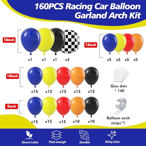 Image of 160Pcs Race Car Balloon Garland Arch Kit - Car Wheels Checkered Balloons 18 12 10 5 Inch Different Size Balloons for Racing Car Two Fast 2nd Monster Theme Birthday Party Decorations Supplies