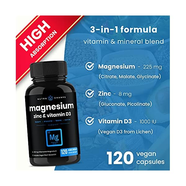 Magnesium-Zinc-Vitamin-D3-Supplement-Most-Bioavailable-Forms-Magnesium-Glycinate-Malate-Citrate-Bone-Muscle-Heart-Health-Immune-Support-120-Vegan-Capsules NutraChamps Magnesium Zinc & Vitamin D3 Supplement - Most Bioavailable Forms; Magnesium Glycinate, Malate, Citrate - Bone, Muscle & Heart Health, Immune Support - 120 Vegan Capsules
