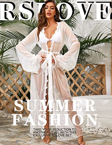 RSLOVE Lingerie for Women Sexy Long Lace Kimono Robe Mesh Chemise Lace Gown Swimsuit Cover Up2
