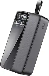 Power Bank 30000mAh, Carregamento Rápido 22.5W, Display LED, Cabos Tipo C e Light Integrados, Entradas USB-C, USB-A (Preto)