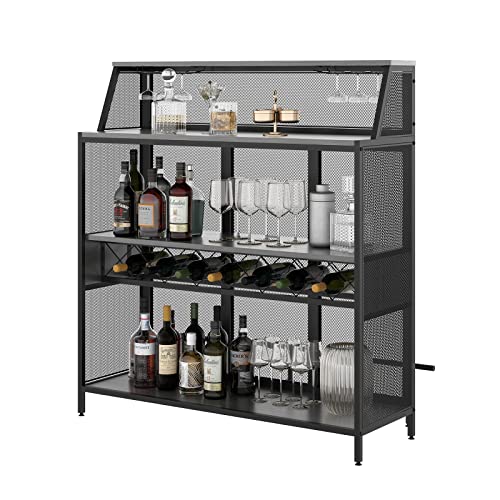 Rehoopex Home Bar, 4 Tier Industrial 51In Bar Cabinet, Farmhouse Liquor Cabinet With Footrest, Wood Bar Cabinet Wine Storage Shelf, Metal Buffet Cabinet For Home, Kitchen, Pub (Black) #TOP7