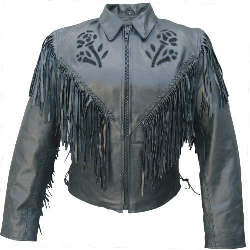 Ladies Premium Leather Motorcycle JACKET Black ROSE fringes braids sidelaces zipout liner XS to 5XL