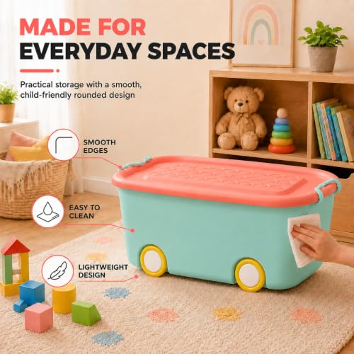 Image of STAR WORK Multipurpose Durable Storage Box Colorful Car-shaped Children's Toy Storage Container with Wheels and Handle (Pack Of 2, 45 Liter) color may very