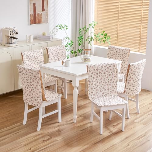 Image of HOMETHREADS Universal-Fit Cotton Fabric Chair Cover Comfortable Cushioned Seating Pad with Anti-Slip Back, Perfect for Kitchen,Dining Room (Beige Multi, Pack of 4)