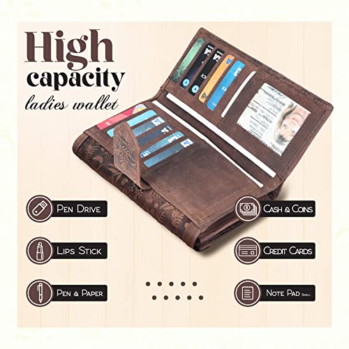 Valenchi Women's Rfid Flower Embossed Leather Wallet -Multi Credit Card Slots,Mobile Case Coin Purse With Id Window(Vintage Brown) #TOP5