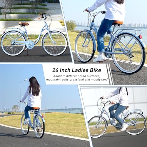 Bicicleta urbana de 26 pulgadas para mujer, híbrida ligera con asiento ajustable, 7 velocidades, neumáticos antideslizantes y frenos en V — estilo elegante multicolor miniatura 5