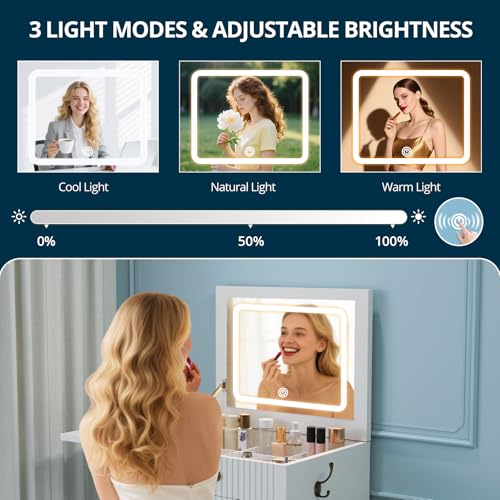 Image of FURSUN 3-in-1 Vanity with Flip Mirror & Lights, Fluted Compact Vanity Table with 3 Drawers, Storage Compartment and Rolling Stool, Modern Small Makeup Vanity for Bedroom, Powder Room, Solid White