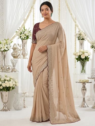 Image of SIRIL Women's Shimmer Georgette Scalloped Border Sequins Embroidery Saree with Unstitched Blouse Piece