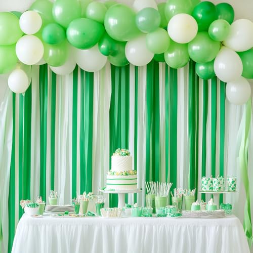 Image of 8 Green Streamers with White, 656ft Pack of Crepe Paper Party Decorations | Each roll is 82 ft long and 1.8 Inch wide ideal for Birthday Party Decor, Graduation Parties and St.Patrick's Day