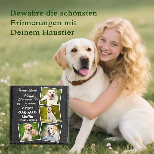 MOMGEGE Personalisierter Tiergrabstein aus Schiefer mit Foto und Text – Grabstein Hund oder Katze, Gedenkstein für Garten und Zuhause – Trauergeschenk bei Tierverlust (013)