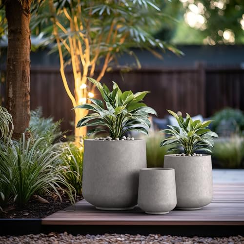 Image of Kante Set of 3 CON Gray Concrete Curved Planters 16.5 inch 13 inch 9.4 inch Dia | Drainage for Outdoor, Rubber Plug for Indoor Home, All-Weather Cement Pot, Handcraft, Lightweight & Durable, Anti-UV, Round
