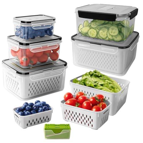 5 PCS Fruit storage Containers for Fridge with Removable Colander and Chopper Set, Leakproof Food Storage Containers with lids, Dishwasher & Microwave Safe Produce Containers to Keep Fruits Fresh 