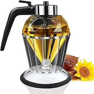 RICHSUM 7oz(200ml) Diamond Syrup Dispenser,Durable Glass Non Slip Silicone Bottom Dilute Honey Syrup Pot with Acrylic Base Perfect For Olive Oil, Runny Honey, Syrup, Sauce Distribution