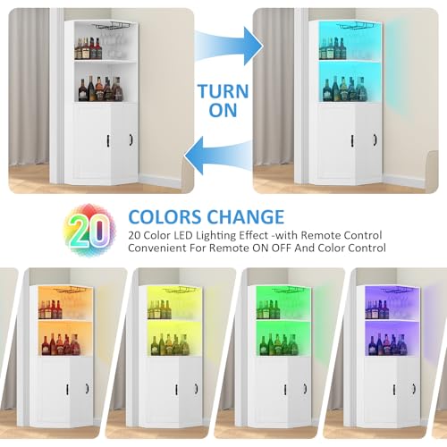 Bigbiglife 71\" Corner Bar Cabinet with Power Outlet, Home Bar with LED Light and Glass Holder, Liquor Cabinet Bar Unit with Drawer for Home, Corner Display Cabinet for Living Room, Dining Room