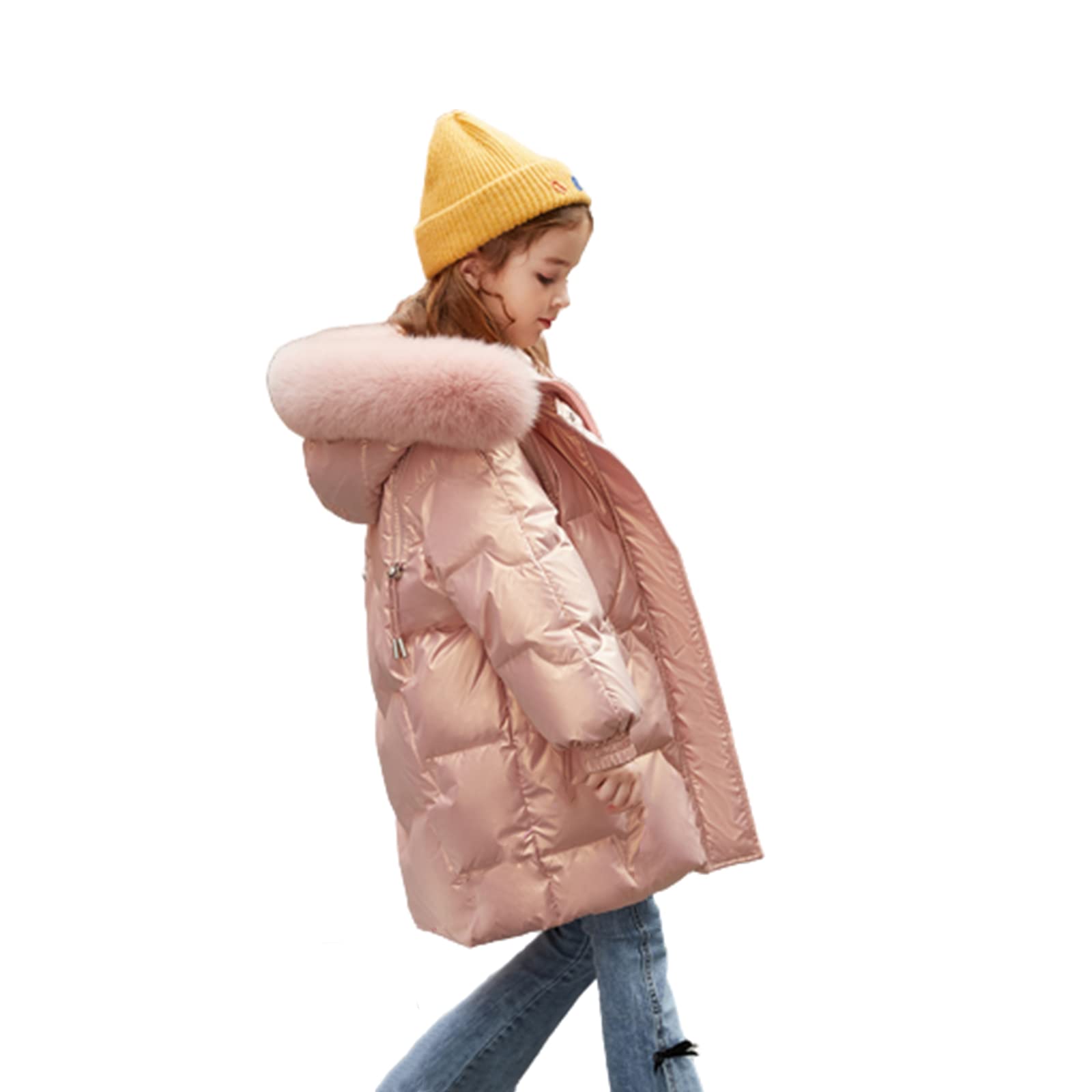 Piumino D'Anatra Bianco per Bambini Giacca Invernale con Cappuccio Ispessita per Ragazze di Media Lunghezza,Pink,17(150CM)