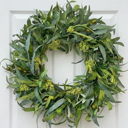 GinzeTop 24 Inch Olive Wreath for Front Door - Artificial Greenery Spring Summer Wreath with Mixed Willow Leaves & Olive Fruit - Large All Season Farmhouse Decor for Indoor Outdoor Wall Wedding