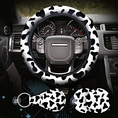 Zadin 4 Pieces Cow Print Steering Wheel Cover Set with 2PCS Car Cup Coasters & Quarter Keyring Universal 14.5-15 inches Fashion Non-Slip Cow Print Steering Wheel Cover