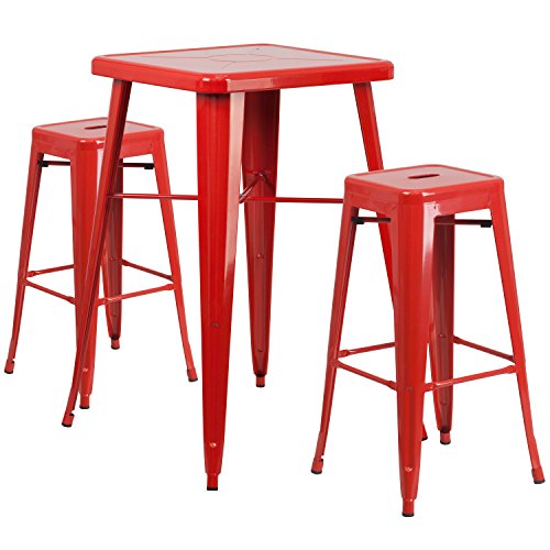 Flash Furniture 23.75'' Square Red Metal Indoor-Outdoor Bar Table Set with 2 Square