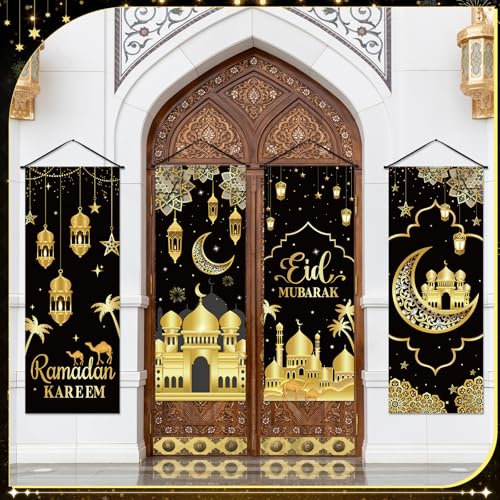 Image of Panelee 4 Pcs Ramadan Mubarak Porch Sign Banners Black Gold Eid Mubarak Decorations Muslim Ramadan Kareem Door Banner Backdrop for Home Doorway Indoor Outdoor Wall Hanging Decor