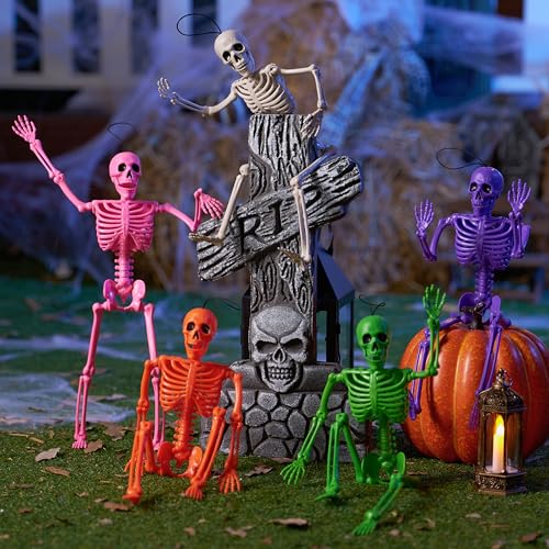 Image of JOYIN 5 PCS Posable Halloween Skeleton Decor 16 Inches, Full Body Movable Joints Posable Skeleton, Hanging Skeletons for Halloween Decoration, Home Yard, Graveyard, Haunted House, Spooky Scene