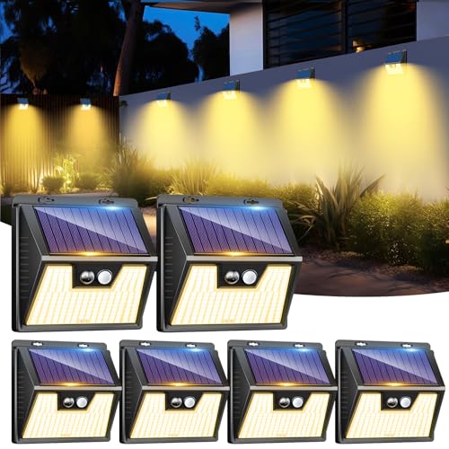 LOTMOS 6 Pack Solar Lights Outdoor Garden, 176 LED Ultra Bright Security Lights Motion Sensor, 3 Modes Waterproof Solar Powered Wall Fence Lights for Outside Stair Garage Yard Frontdoor, Warm White