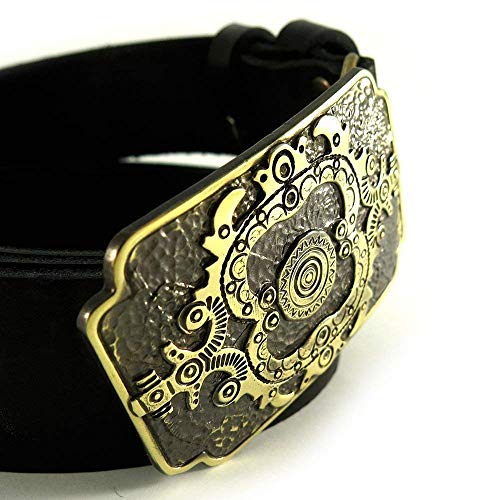 Leather belt with brass buckle “Hutsul sun”; Handmade&processed; Slavic sun symbols; Ornamental brass buckle; Slavic amulet;3