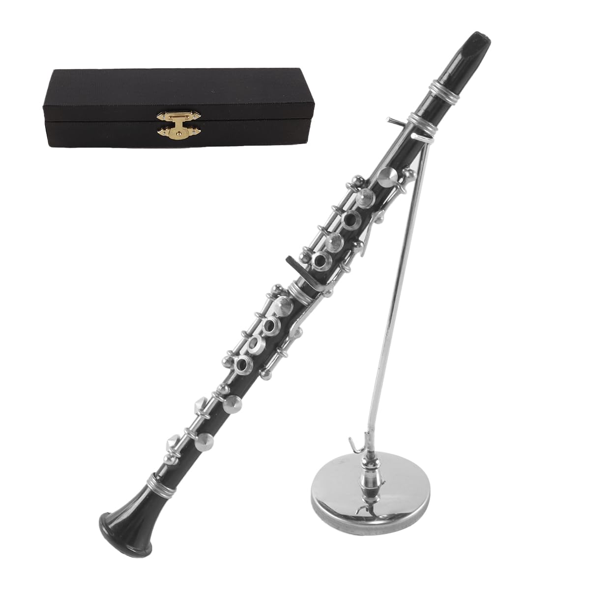 Spilla decorativa in vinile nero in metallo, modello di clarinetto basso in miniatura, 16 cm, scala 1/6, con custodia nera e supporto.