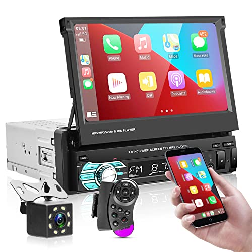 Photo 1 of Podofo Single Din Car Stereo 7 Inch Flip Out Touchscreen Compatible with Apple Carplay and Android Auto Mirror Link Car Audio Receiver Bluetooth Backup Camera SWC FM Radio USB/TF/AUX Port Head Unit