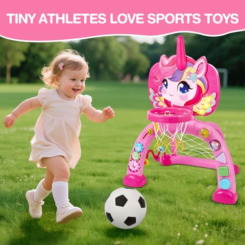 Image of DRAMATION Toddler Basketball Hoop & Soccer Goal & Ring Toss, Unicorn Baby Basketball Hoop Indoor for Kids 1-3 with Lights and 30+ Sounds, Christmas Birthday Gift Toy for Girls 1 2 3 Years Old