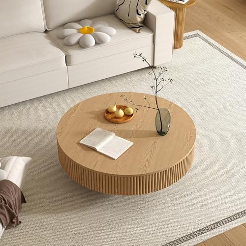Apicizon 31.5\'\' Round Fluted Coffee Table, Mordern Wood Coffee Table for Living Room, Boho Drum Coffee Table for Small Space, Circle SideTable, Nesting End Table for Apartment, Easy Assembly, Natural