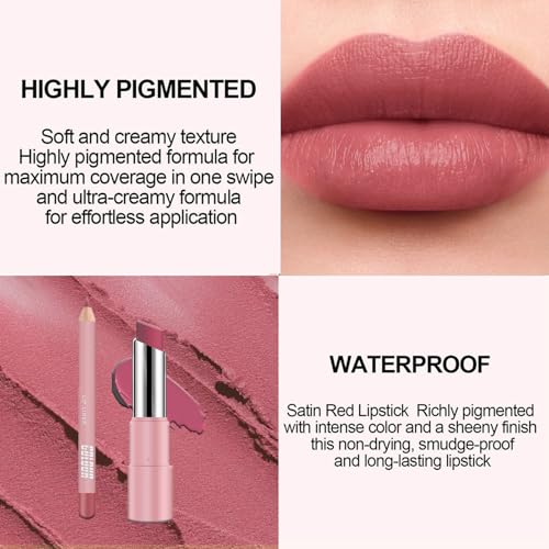 Nude Pink Lipstick Lip Liner Set, Matte Soft Pink Lipliner Long Lasting Waterproof Lip Stick, Silky Smooth Full-Coverage Highly Pigmented Lipsticks Lip Line Pencil Set, Gift for Women - Image 4