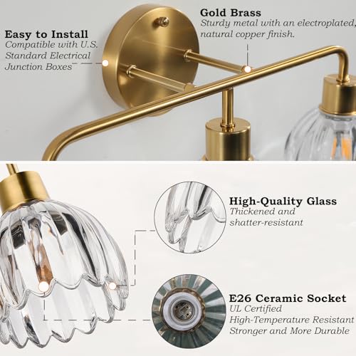 Image of 4-Light Gold Brass Bathroom Light Fixture with Clear Tulip Glass Shade,Wall Sconces,Vintage Vanlity Light Over Mirror,Bathroom Wall Light,E26 Socket(Bulbs Not Included) ASIN B0FVG