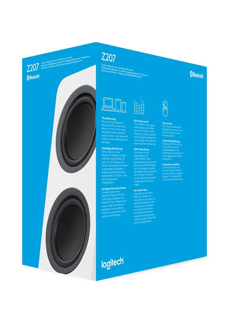 Logitech Z207 Kabelloser PC-Lautsprecher, Bluetooth, Stereo Sound, 10 Watt Spitzenleistung, 3,5 mm Eingang, Kopfhörerbuchse, Easy-Switch Feature, EU Stecker, PC/TV/Tablet/Handy - Weiß