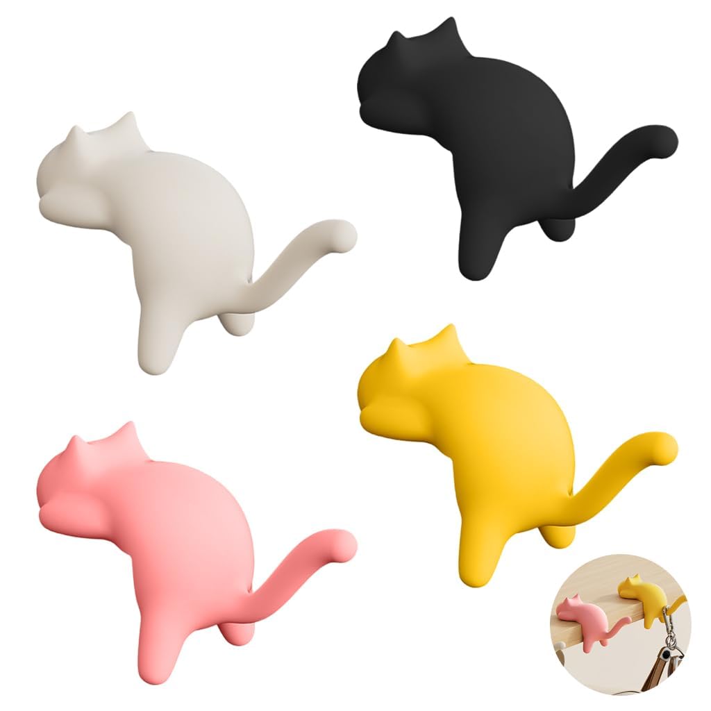 XIBO 4Pcs Desk Bag Cat Design Hooks Self Adhesive Entryway Shelf Hooks Desk Ornaments, Decorative Hangers Cartoon Kitty Shelf, Portable Key Purse Holders for Home Office.-image-1