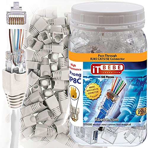 ITBEBE 100 Pieces RJ45 Cat5, Cat5e Pass Through connectors and 100 Pieces White Strain Relief Boots for 24 AWG Cables