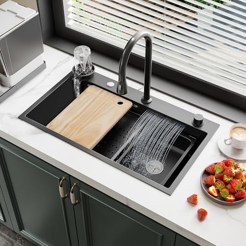 YITAHOME-Black-Waterfall-Kitchen-Sink-Workstation-32in-Drop-in-Sink-wFaucet-Cup-Washer-Cutting-Board-Topmount-Stainless-Steel-Nano-Single-Bowl-Sink-Kit-with-Accessories-32-x-18-x-10in YITAHOME Black Waterfall Kitchen Sink Workstation 32in Drop in Sink wFaucet Cup Washer Cutting Board Topmount Stainless Steel Nano Single Bowl Sink Kit with Accessories 32 x 18 x 10in