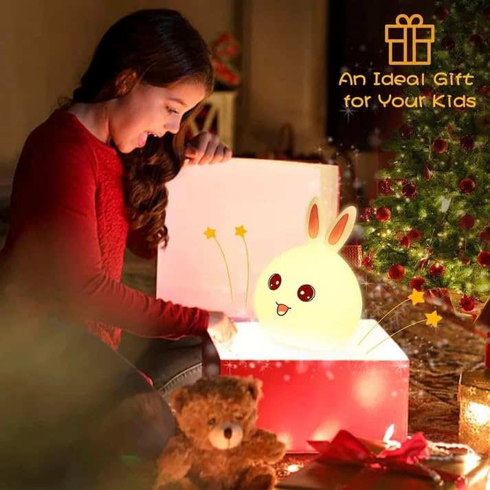 Image of XERGY Cute Bunny Night Light - USB Rechargeable, 9 Color Changing, LED Lamp with Tap Control for Kids, Bedroom, Gifts & Home Decor